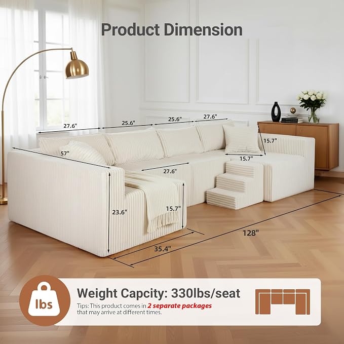 128" U-Shaped Modular Sofa, Modern Cloud Couch with Double Chaise, Sectional Boneless Couch with Pillows, Deep Seat Sofa for Living Room Bedroom, No Assembly Required, Khaki