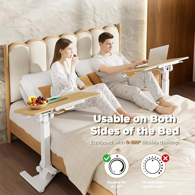 JOY worker Foldable Overbed Bedside Table, 180° Tiltable Mobile Standing Desk with Wheels, 31.5" Height Adjustable Rolling Laptop Desk for Home & Hospital Use, Easy Storage, Maple