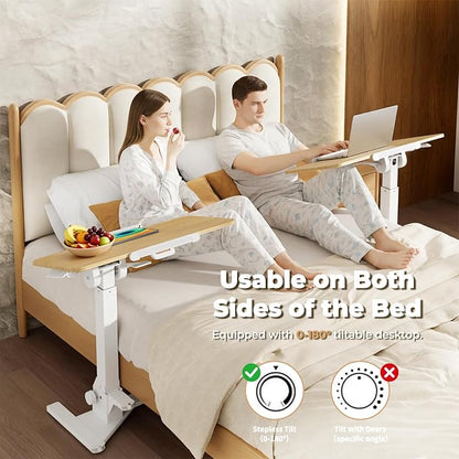 JOY worker Foldable Overbed Bedside Table, 180° Tiltable Mobile Standing Desk with Wheels, 31.5" Height Adjustable Rolling Laptop Desk for Home & Hospital Use, Easy Storage, Maple
