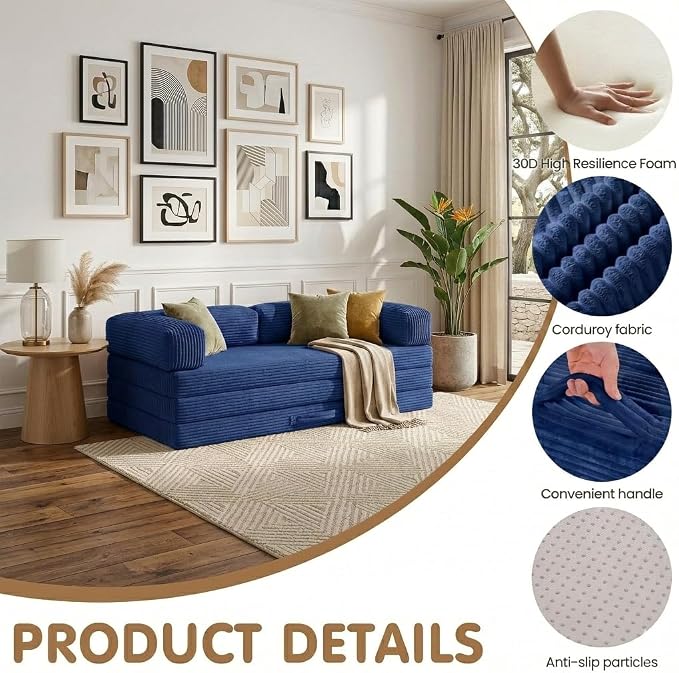 Convertible Sofa Bed Queen,5-in-1 Boneless Couch with Removable Armrests & Handle,Corduroy Futon Sleeper Sofa,Floor Folding Mattress Pull Out Bed for Small Space Apartment Living Room Bedroom,Blue