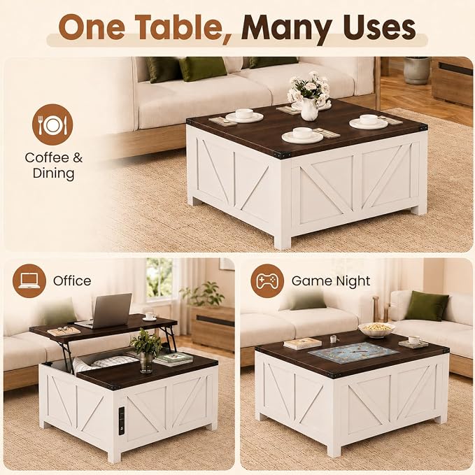 Simple Deluxe Lift Top Coffee Table with Storage, 35.5" Square Coffee Tables for Living Room, Farmhouse Coffee Table with Power Outlets, Coffee Tables with Lifting Top for Living Room (White)