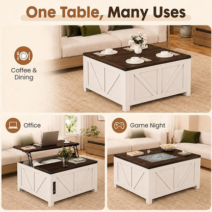 Simple Deluxe Lift Top Coffee Table with Storage, 35.5" Square Coffee Tables for Living Room, Farmhouse Coffee Table with Power Outlets, Coffee Tables with Lifting Top for Living Room (White)