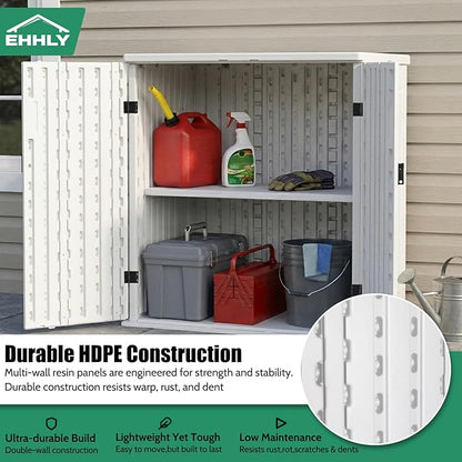 EHHLY Heavy Duty Small Storage Cabinet Outdoor Weatherproof, 14 Cuft Garage Storage Cabinet with 2 Adjustable Shelves, Lockable Kitchen Pantry Closer Organizer, 31Wx23Lx34H, Polar White