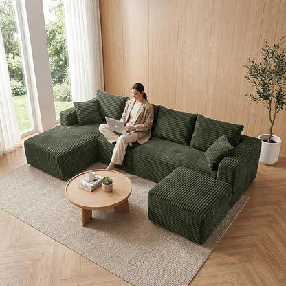 118" Modular Sectional Sofa with Chaise and Ottoman, Oversized U-Shaped Corduroy Cloud Couch,Deep Seat Boneless Couch for Living Room,No-Assembly,Green(Left Facing Chaise)