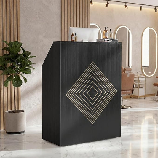 Small Black Reception Desk with Counter and Lock & Drawer for Salon 31.5 Inch Front Table Modern Standing Receptionist Room Tables Checkout Counter for Retail Store, Spa, Office