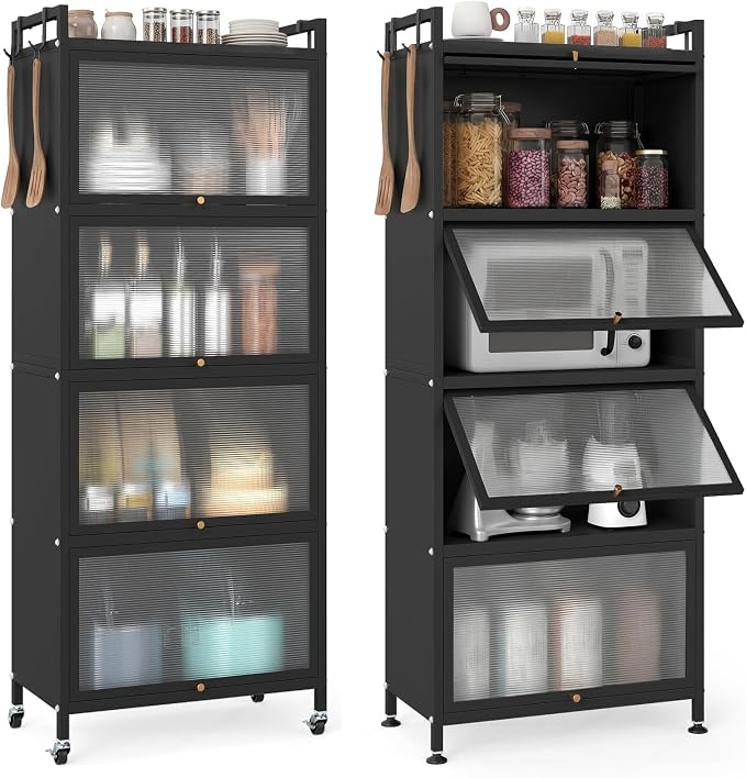 Giantex 5-Tier Kitchen Storage Cabinet, Freestanding Metal Pantry Cabinet w/ 4 Flip-up PC Doors, 4 Hooks & Adjustable Feet, 60” Tall Bakers Rack Microwave Stand for Dining Room, Living Room, Black