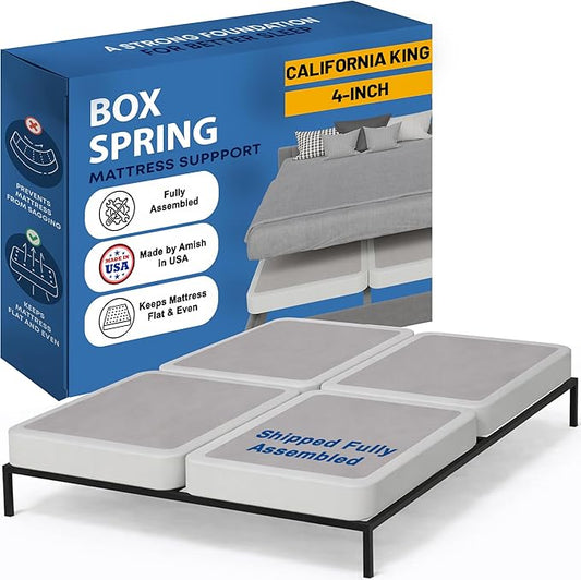 Greaton, Box Spring Bed Base California King Size, 4-Inch Wood Mattress Foundation – Amish Made in USA – Quiet Noise Free, 4-Pieces Under Mattress-Support BoxSpring, Fully Assembled, White