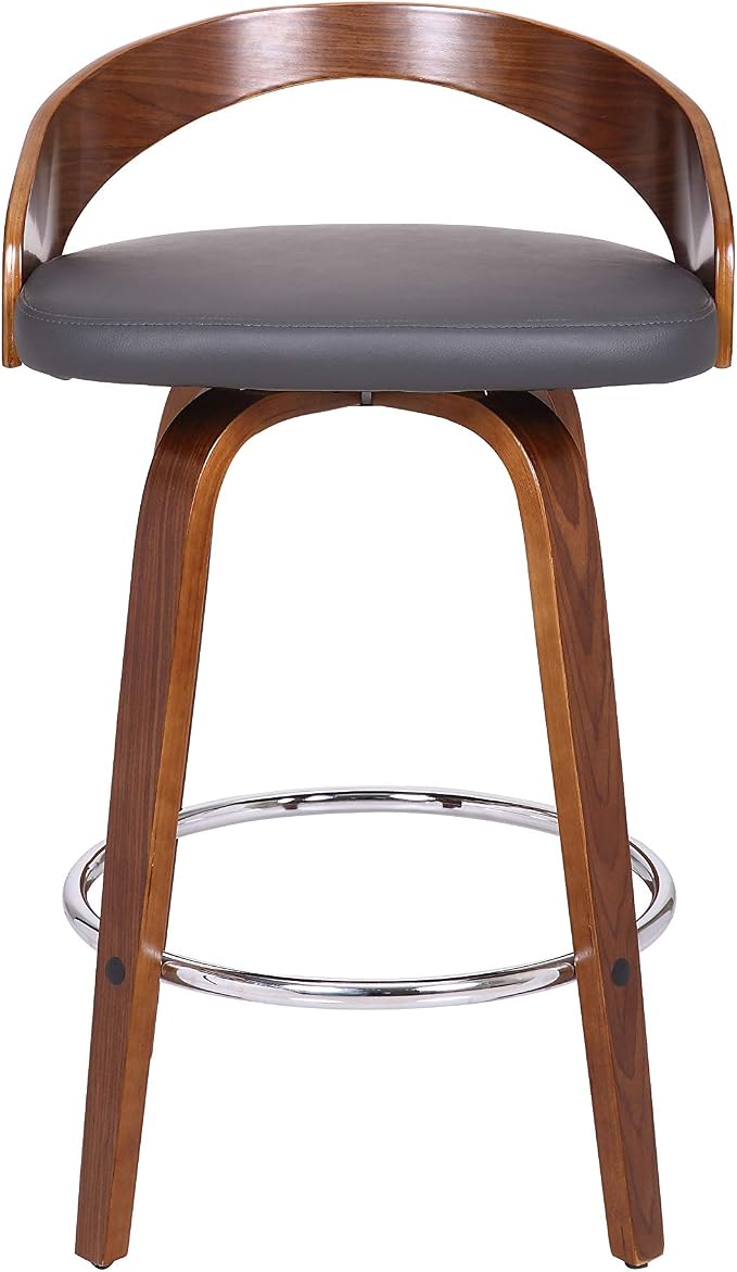 Armen Living Sonia 26" Counter Height Swivel Gray Faux Leather and Walnut Wood Bar Stool