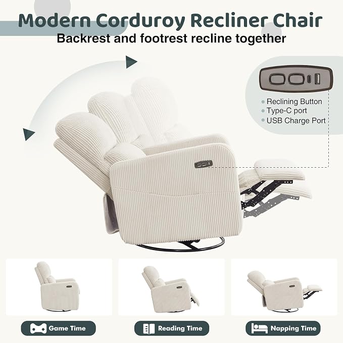 Swivel Rocker Recliner, Oversized Power Recliner Glider with Removable Cushion, Upholstered Corduroy Swivel Reclining Nursery Chairs for Living Room Bedroom, Cream White