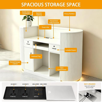 Modern Reception Desk Check Out Counter Front Desk for Spa Salon Office | Power Outlet Lockable Cabinet Keyboard Tray Privacy Panel Cable Grommet Open Storage Storage Cabinet