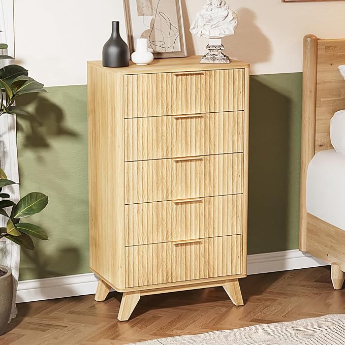VINGLI Fluted Tall Dresser 5 Drawer, 23.66" W Chest of Drawers, Oak Wood Dresser for Bedroom Mid Century Modern with Rounded Edge, 23.66" W*15.6" D*44.88" H