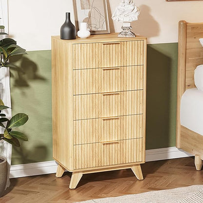 VINGLI Fluted Tall Dresser 5 Drawer, 23.66" W Chest of Drawers, Oak Wood Dresser for Bedroom Mid Century Modern with Rounded Edge, 23.66" W*15.6" D*44.88" H