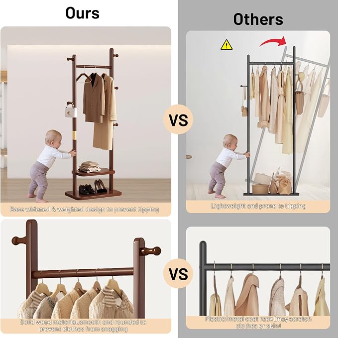 Wooden Coat Rack Freestanding, Hall Tree Hanger With Resin Hooks, Adjustable Heavy Duty Coat Rack for Hanging Clothes Bags Hats in Living Room Bedroom (coat rack, Walnut-23.6x11.4x62.6 in)