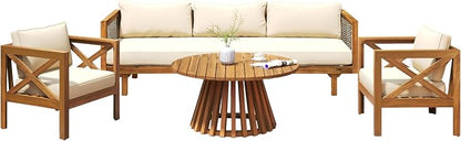Merax Outdoor 4-Piece Acacia Wood Conversation Set - Patio 3-Seat Loveseat Sofa Daybed with Cushion, 2 Armchair and Round Coffee Table for Backyard, Lawn, Balcony, Beige + Teak