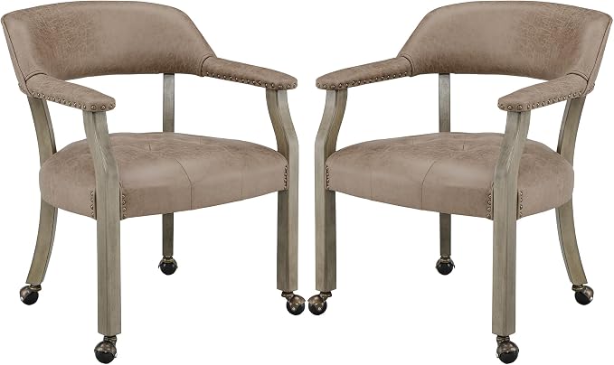 LEEMTORIG Set of 2 Dining Chairs with Casters and Arms, Rolling Dining Chairs with Wheels for Elderly, Ergonomic Wide Seat Wood Office Chairs, 26"Dx25.2"W, Grey Legs&Yellowish Brown Fabric SY-1318-LT
