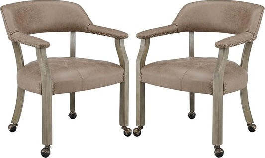 LEEMTORIG Set of 2 Dining Chairs with Casters and Arms, Rolling Dining Chairs with Wheels for Elderly, Ergonomic Wide Seat Wood Office Chairs, 26"Dx25.2"W, Grey Legs&Yellowish Brown Fabric SY-1318-LT