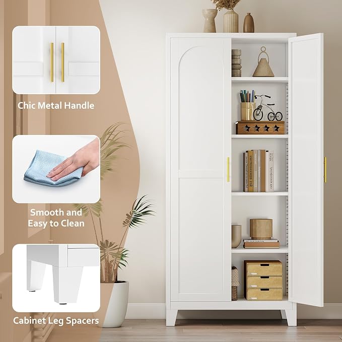 Zevemomo 71'' Tall Metal Pantry Cabinet with 2 Doors, Freestanding Kitchen Storage Cabinet with 4 Adjustable Shelves, Steel Cupboard for Kitchen, Pantry, Dining Room, Living Room, Bathroom, White