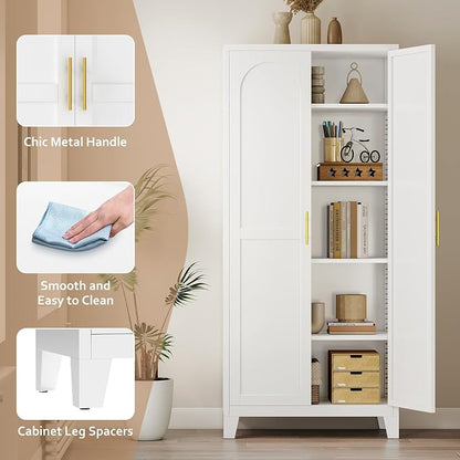 Zevemomo 71'' Tall Metal Pantry Cabinet with 2 Doors, Freestanding Kitchen Storage Cabinet with 4 Adjustable Shelves, Steel Cupboard for Kitchen, Pantry, Dining Room, Living Room, Bathroom, White