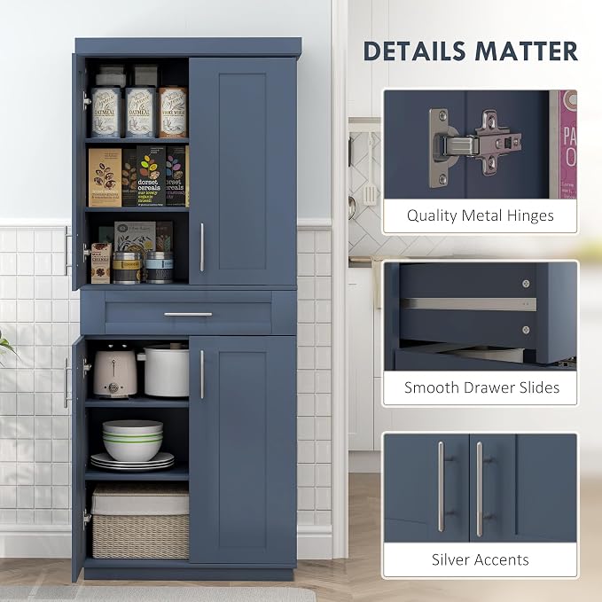 HOMCOM 72" Kitchen Pantry Cabinet, Freestanding Tall Storage Cabinet with 4 Doors, Drawer and 3 Adjustable Shelves for Dining Room, Navy Blue