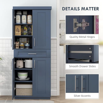 HOMCOM 72" Kitchen Pantry Cabinet, Freestanding Tall Storage Cabinet with 4 Doors, Drawer and 3 Adjustable Shelves for Dining Room, Navy Blue