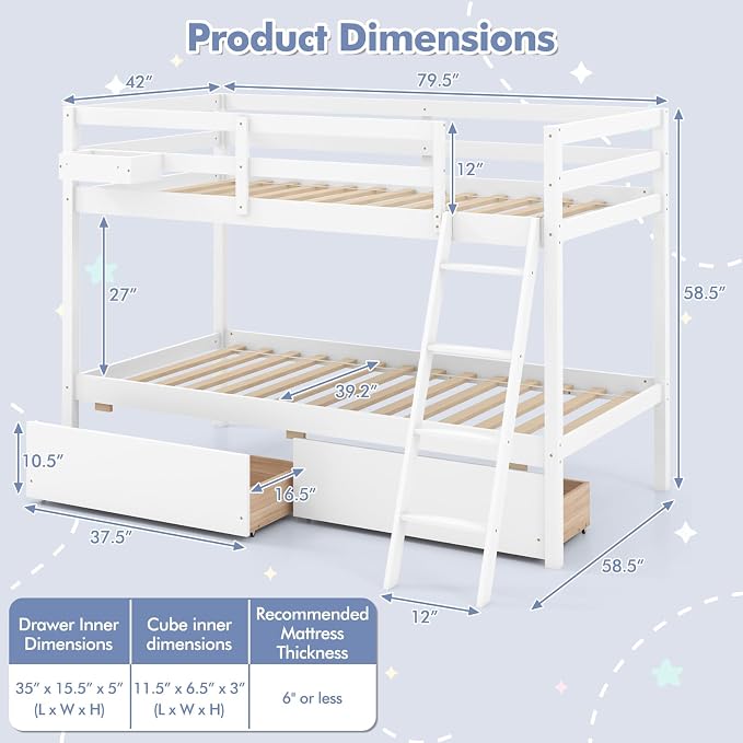 KOTEK Bunk Bed Twin Over Twin with 2 Storage Drawers, Solid Wood Bunk Bed Frame with Storage Cube, Guardrails, Ladder, No Box Spring Needed, Twin Bunk Beds for Kids Teens (White)