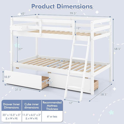 KOTEK Bunk Bed Twin Over Twin with 2 Storage Drawers, Solid Wood Bunk Bed Frame with Storage Cube, Guardrails, Ladder, No Box Spring Needed, Twin Bunk Beds for Kids Teens (White)