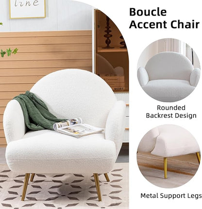 Accent Chair White with Golden Metal Legs,Reading Chair for Bedroom Comfy, Boucle Sherpa Chair for Living Room, Bedroom