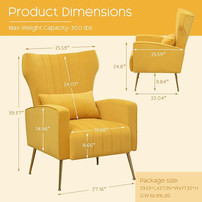 Modern Accent Chairs Set of 2, Comfy Wingback Armchair with Pillow Upholstered Sofa Chair Reading Chair for Bedroom, Living Room, Small Spaces Yellow Velvet