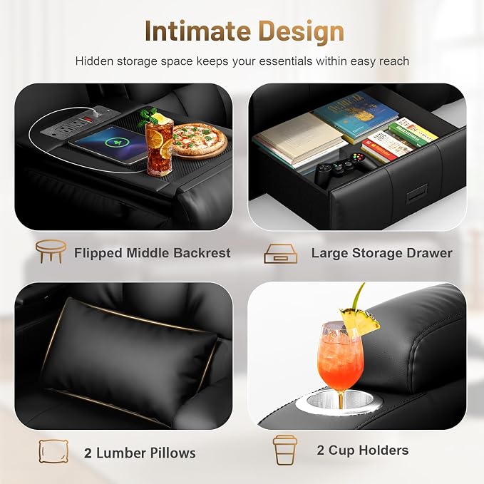 Power Loveseat Recliner Sofa, Home Theater Seating with Heat Massage, Reclining Loveseats with Flip Backrest, Wall Hugger RV Couch Movie Theater Chairs, RV Furniture Sofas with USB, for Gaming Room