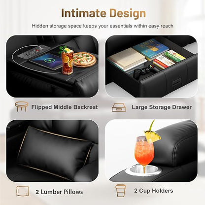 Power Loveseat Recliner Sofa, Home Theater Seating with Heat Massage, Reclining Loveseats with Flip Backrest, Wall Hugger RV Couch Movie Theater Chairs, RV Furniture Sofas with USB, for Gaming Room