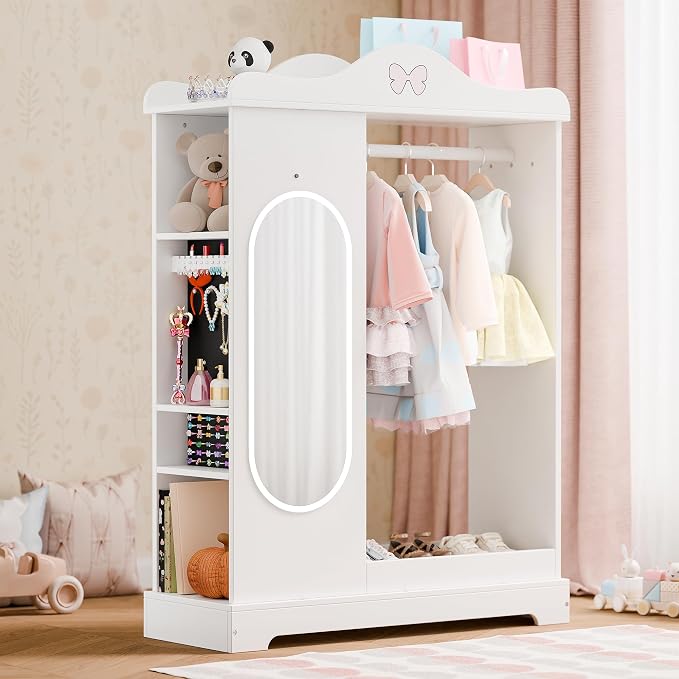 Xilingol Kids Armoire Dress Up Storage with Mirror, Kids Wardrobe Closet with Jewelry Cabinet and Storage Shelves, Open Hanging Armoire Costume Organizer for Bedroom (White)