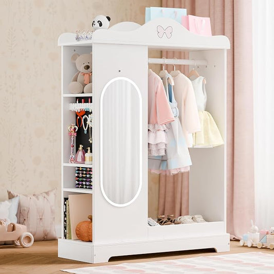Xilingol Kids Armoire Dress Up Storage with Mirror, Kids Wardrobe Closet with Jewelry Cabinet and Storage Shelves, Open Hanging Armoire Costume Organizer for Bedroom (White)