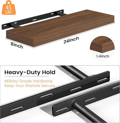 Fun Memories 24 Inch Floating Shelves - Deep Rustic Wooden Wall Shelves - Extra Deeper & Thicker Wall Mounted Storage Shelf for Bedroom, Kitchen, Farmhouse - 2 Pack, Walnut