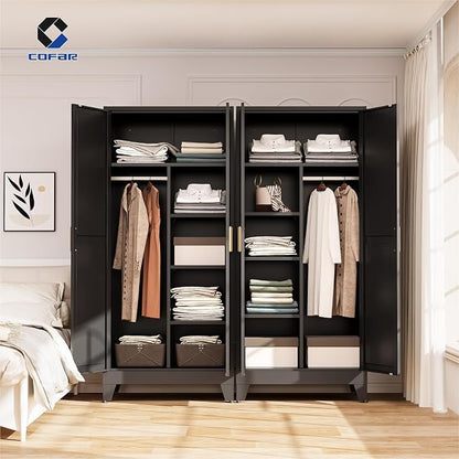 COFaR Metal Wardrobe Closet, 71'' Tall Steel Bedroom Armoire with Adjustable Hanging Rod and Shelves, Broom Closet Storage Cabinet for Garage Laundry Office, Farmhouse Black