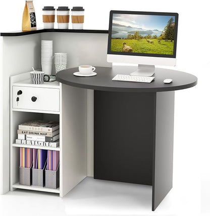Reception Desk, Retail Checkout Counter w/Lockable Drawer & Open Shelves, Computer Workstation, Small Front Desk Reception Counter for Company Lobby Store Salon Office (Black & White)