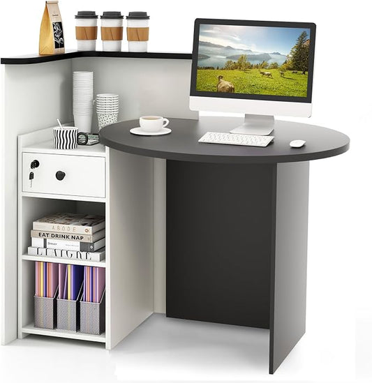Reception Desk, Retail Checkout Counter w/Lockable Drawer & Open Shelves, Computer Workstation, Small Front Desk Reception Counter for Company Lobby Store Salon Office (Black & White)