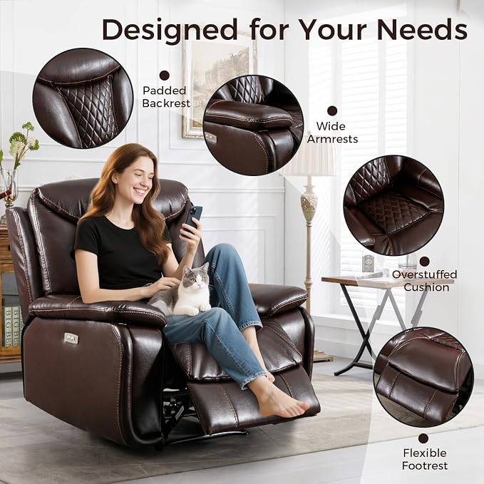 HAOMARKETS Electric Recliner Chair, Breathable Faux Leather Power Recliners with Padded Backrest, Single Overstuffed Heavy Duty Reclining Sofa for Living Room Bedroom, Dark Brown