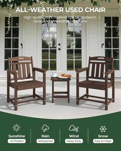 Set of 2 Weatherproof Patio Chairs - HDPE Outdoor Dining Chairs with Wide Seat, Ergonomic Design - for Garden, Backyard, Deck - Brown