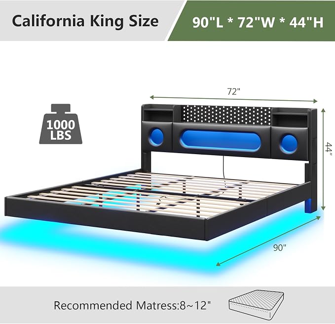 Dnxao California King Bed Frames with Hidden Storage Headboard, PU Black | Floating Bed Frame with LED Lights & Charging Station, No Noise, No Box Spring Needed, Hidden Storage, Easy Assembly