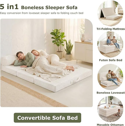 Convertible Sofa Bed, Boneless Loveseat with Removable Cushions & Washable Cover, Futon Sofa Bed with Handle, Pull Out Couch for Living Room, King Size, Beige