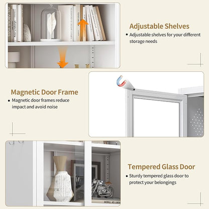 Kitchen Pantry Cabinet, 72" H Storage Cabinet with Glass Doors and Adjustable Shelves, Spacious Cupboard with 2 Handles, Metal Kitchen Cabinet for Dining Room, Living Room, White