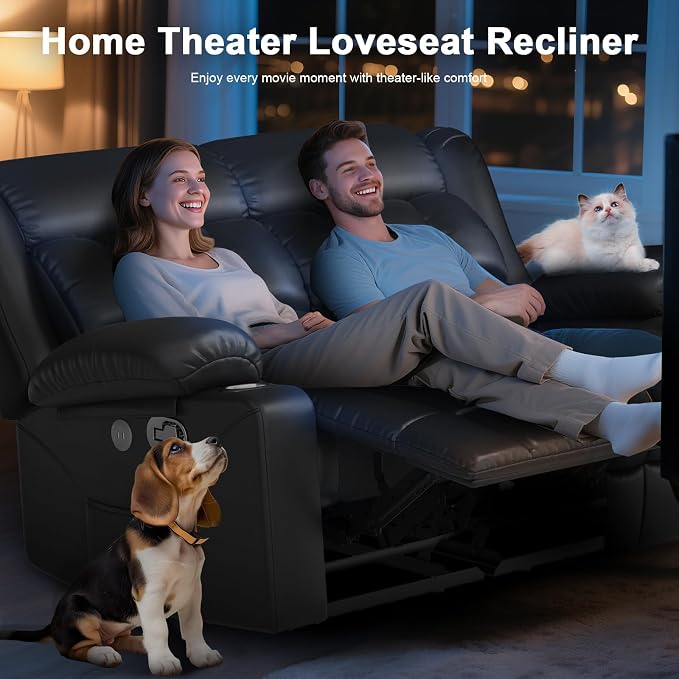 RV Loveseat Recliner Sofa, Reclining Loveseat Home Theater Seating with USB Ports, Cup Holders, Insert Pockets, Wall Hugger RV Recliners for Movie Room, Recline Movie Seats Gaming Sofa, Black