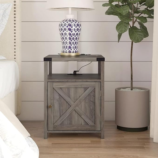 Farmhouse Nightstand Set of 2 with Charging Station, Rustic End Table Bedroom with Storage Living Room Side Table Dark Oak Night Stand Industrial Bedside Bed Table with USB Ports and Outlets