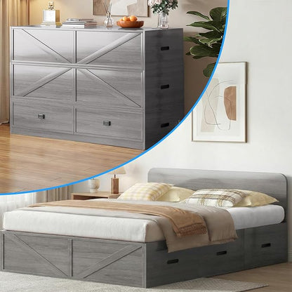 PUREMIND Murphy Bed Full with Mattress Included, Wood Cabinet Bed with Dual Storage Drawers & 2 Pillows, 3-in-1 Convertible Sofa Beds for Small Space, Guest Room, Home, Gray