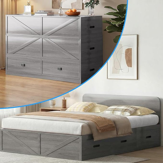 PUREMIND Murphy Bed Full with Mattress Included, Wood Cabinet Bed with Dual Storage Drawers & 2 Pillows, 3-in-1 Convertible Sofa Beds for Small Space, Guest Room, Home, Gray