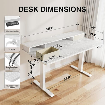 Veken 55x26 in Electric Standing Desk with Drawers, Adjustable Table, White | Stand up Computer Desk for Home Office, Work & Study, with Storage, 3 Memory Presets, Cable Organizer, Hook, and Quiet Lift.