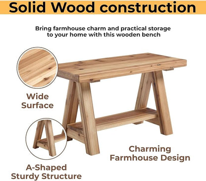 Farmhouse Solid Wood Entryway Bench, 30 Inch Small Narrow Storage Bench with Shelf, Rustic Wooden Shoe Bench for Entryway, Mudroom, or Hallway Seating, Natural