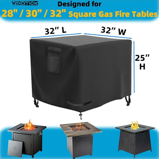 WICKTICK Square Gas Fire Pit Cover 32 x 32 x 25 Inch, Waterproof & 600D Heavy Duty Fire Table Cover for 28x28, 30x30, 32x32 Inch Patio Tall Propane Firepits