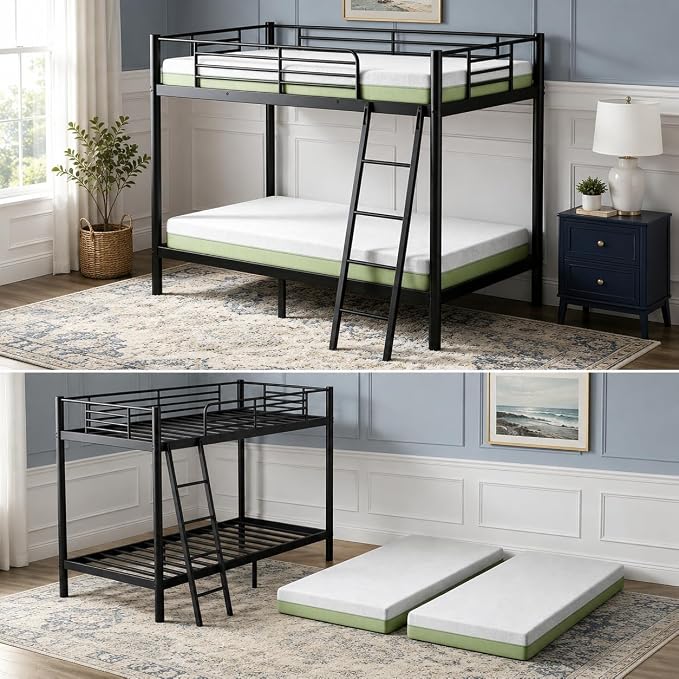 sogesfurniture Twin Over Twin Bunk Bed with 2 Mattresses Included, Bunkbeds | Space-Saving Bundle Heavy-Duty Metal Frame 6-Inch CertiPUR-US Mattresses 11.8" Safety Guardrails Easy Assembly Wide Ladder