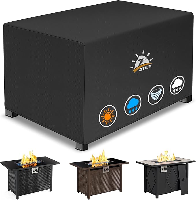 Zettum Fire Pit Cover Rectangular 57 Inch - Outdoor Fire Table Cover Rectangle Heavy Duty & Waterproof, 600D Patio Propane Gas Firepit Cover Rectangular Fade & Weather Resistant - 57 x 22 x 24 Inch